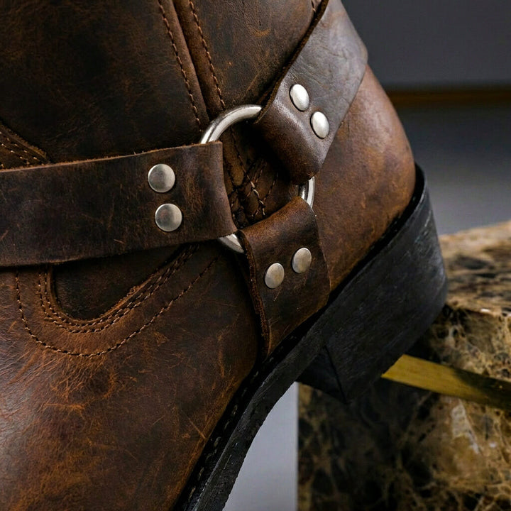 Lucy | Stylish Brown Leather Harness Boots With Metal Hardware