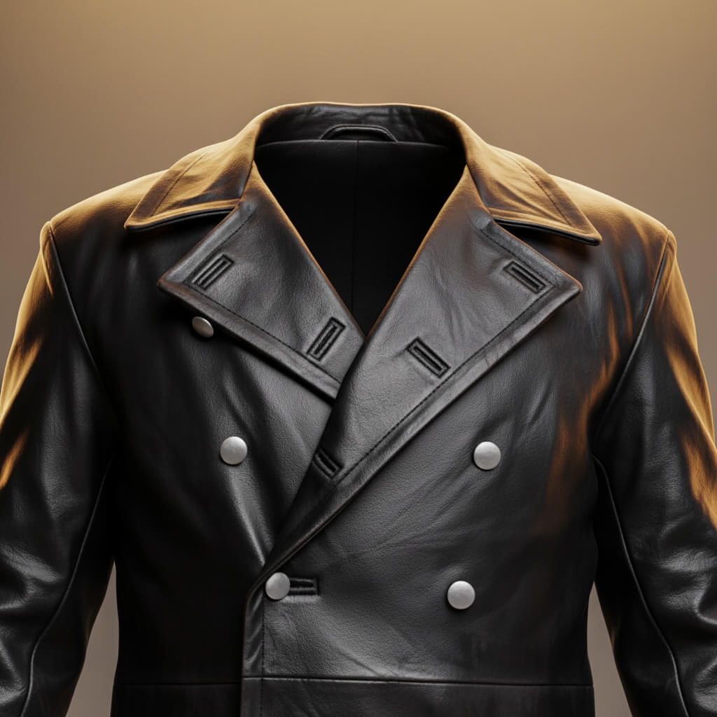 Otto | Elegant Double-Breasted Black Leather Overcoat For Men