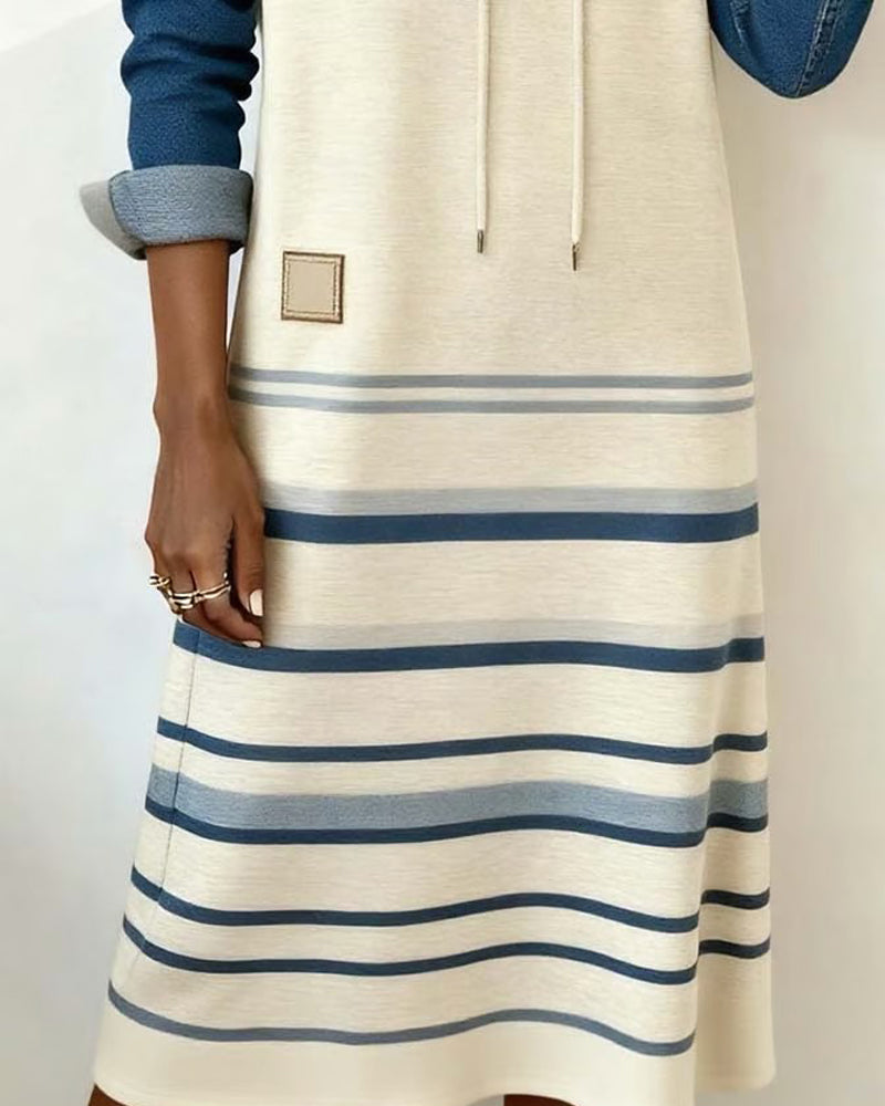 Bethany | Chic Striped Hooded Midi Dress With Color Block Sleeves