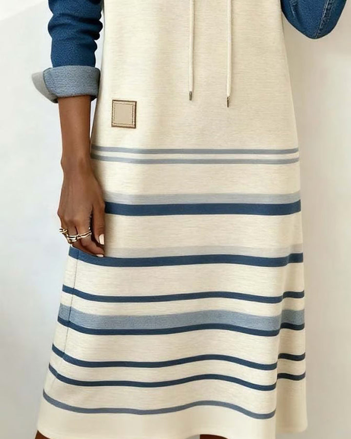 Bethany | Chic Striped Hooded Midi Dress With Color Block Sleeves