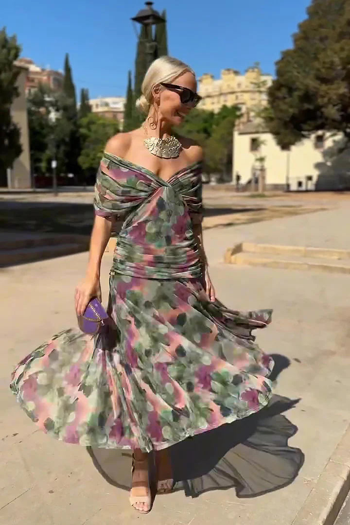 Theodora | Elegant Off-Shoulder Floral Print Maxi Dress