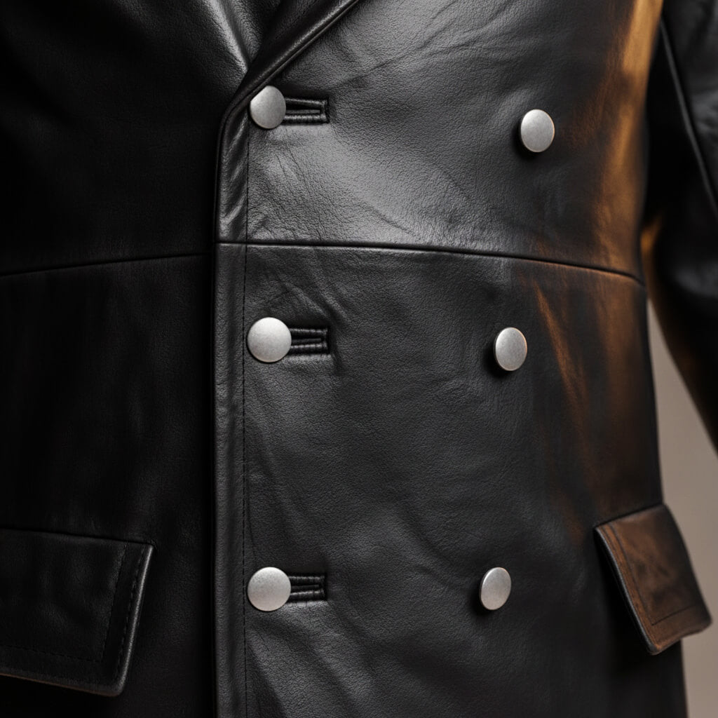 Otto | Elegant Double-Breasted Black Leather Overcoat For Men