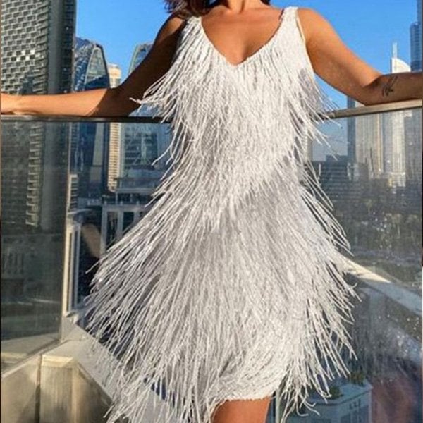 Felicity | Glamorous V-Neck Sequin Mini Dress With Fringe Detail