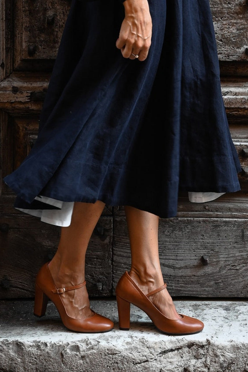 Alethea | Elegant Brown Leather Mary Jane Block Heel Pumps