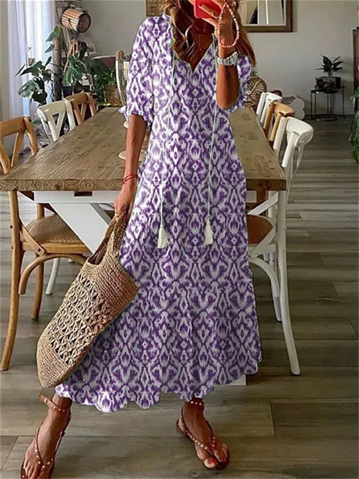 Evy | Elegant V-Neck Floral Print Maxi Dress With Short Sleeves