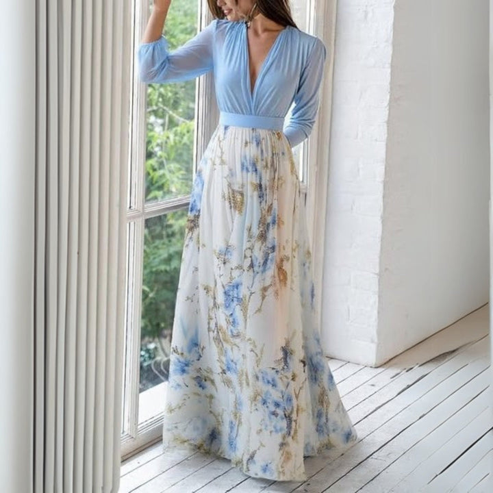 Aurora | Elegant V-Neck Floral A-Line Maxi Dress With Long Sleeves