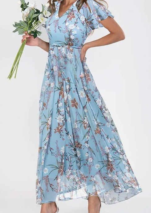 Scarlett | Elegant V-Neck Flutter Sleeve Floral Maxi Dress