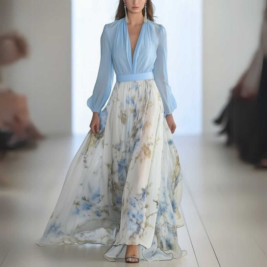 Aurora | Elegant V-Neck Floral A-Line Maxi Dress With Long Sleeves