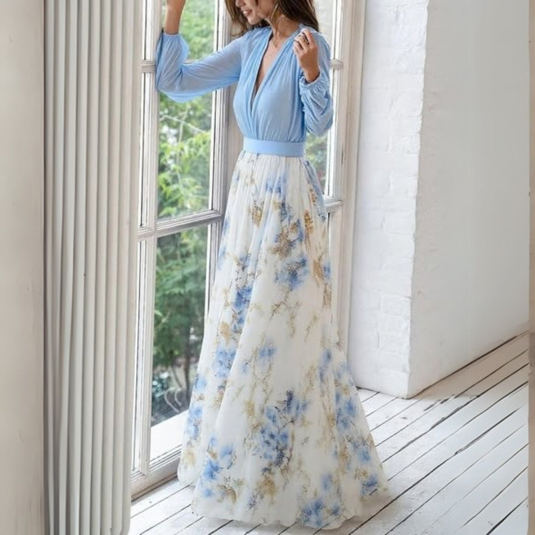 Aurora | Elegant V-Neck Floral A-Line Maxi Dress With Long Sleeves