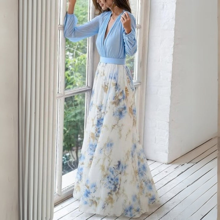 Aurora | Elegant V-Neck Floral A-Line Maxi Dress With Long Sleeves