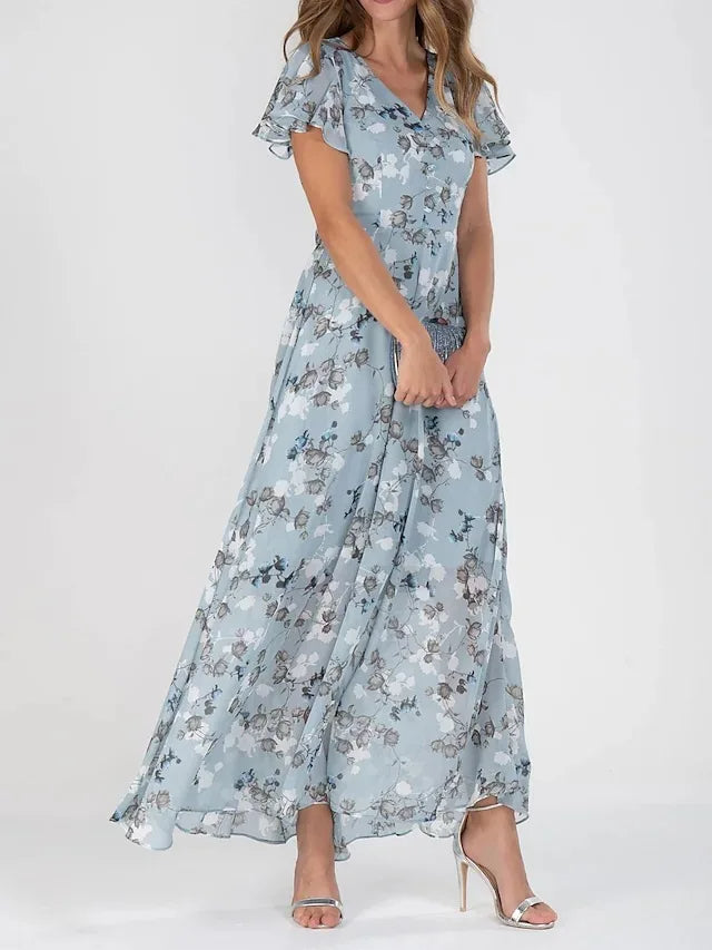 Scarlett | Elegant V-Neck Flutter Sleeve Floral Maxi Dress