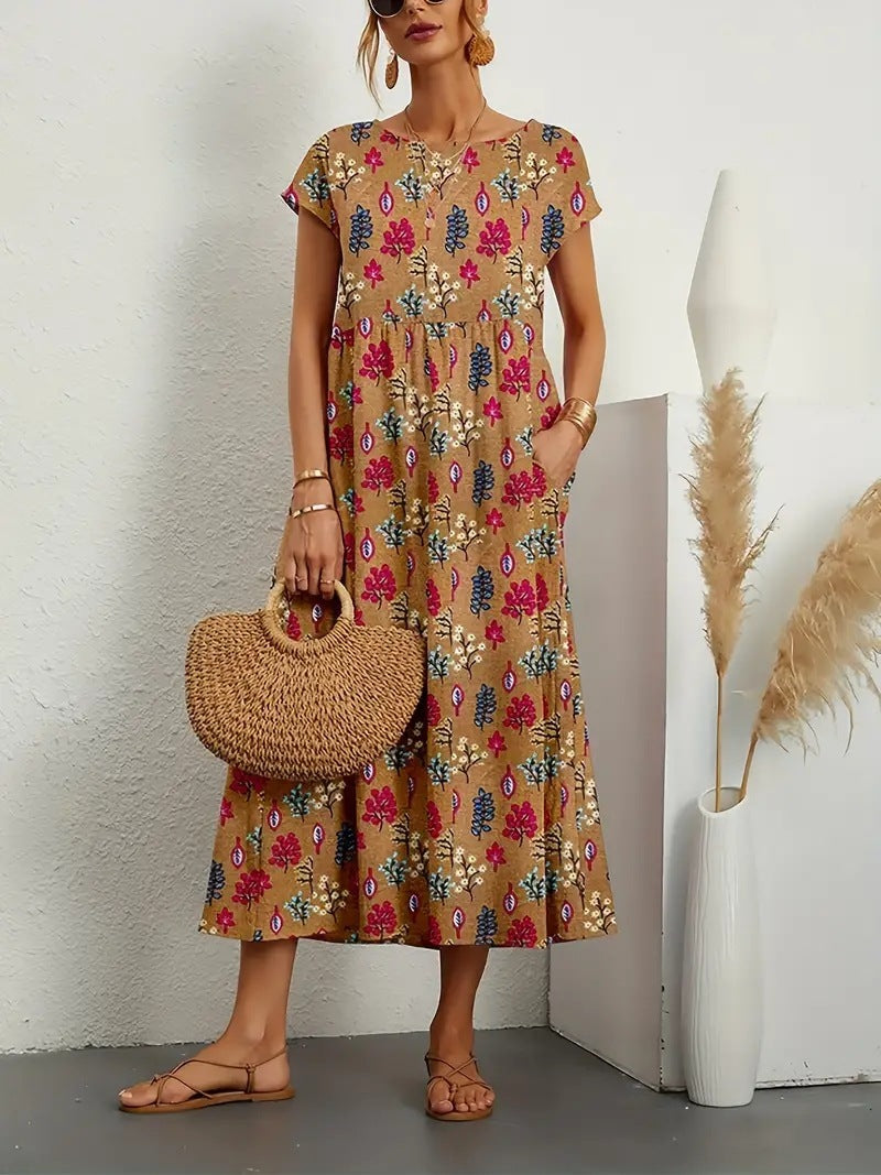 Amelia | Chic Floral A-Line Midi Dress With Pockets