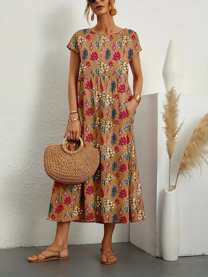 Amelia | Chic Floral A-Line Midi Dress With Pockets