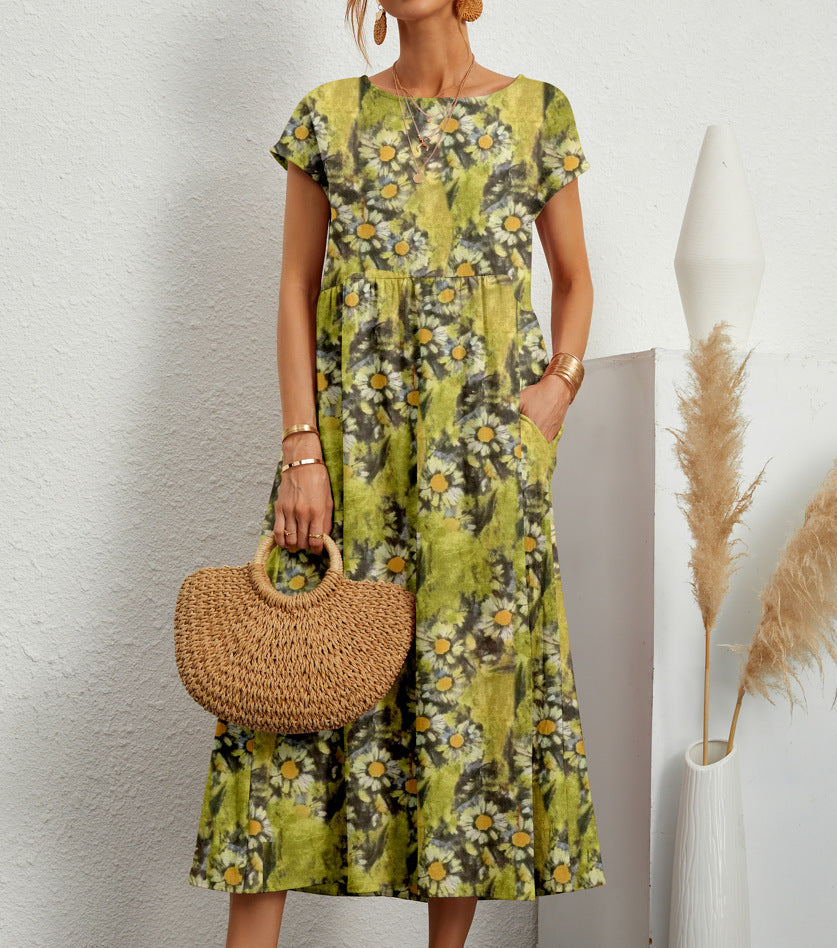 Amelia | Chic Floral A-Line Midi Dress With Pockets