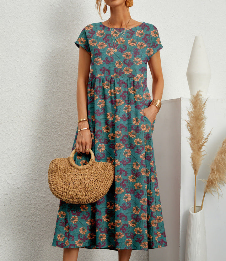 Amelia | Chic Floral A-Line Midi Dress With Pockets