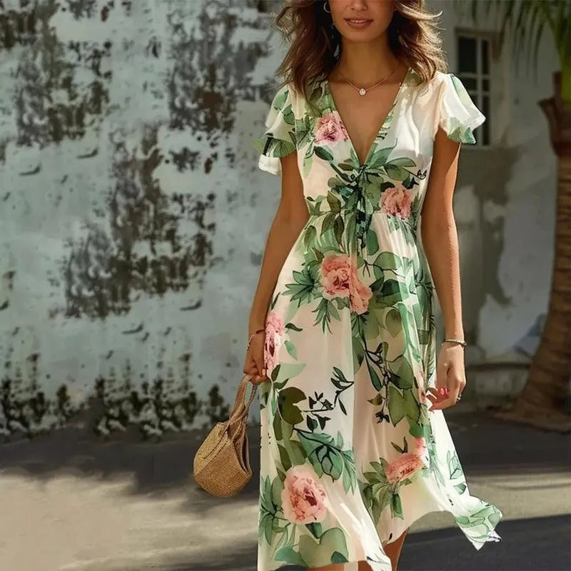 Hazel | Elegant V-Neck Floral Midi Dress With Flutter Sleeves