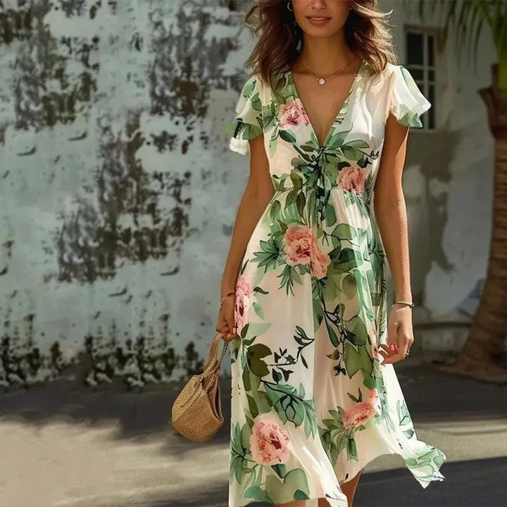Hazel | Elegant V-Neck Floral Midi Dress With Flutter Sleeves
