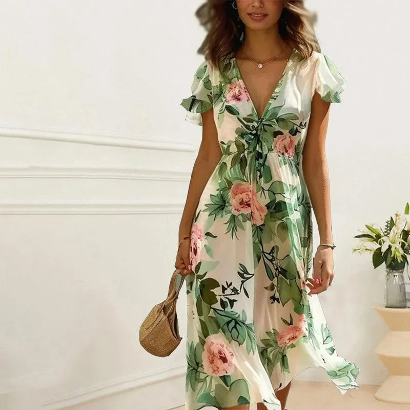 Hazel | Elegant V-Neck Floral Midi Dress With Flutter Sleeves