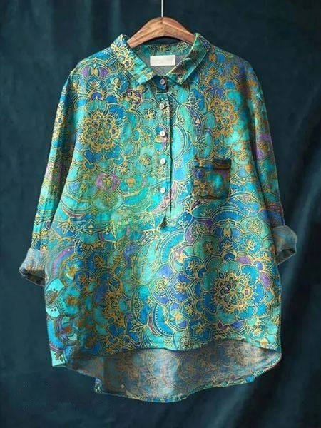 Zoe | Elegant Floral Print Button-Up Blouse Long Sleeve Hi-Lo