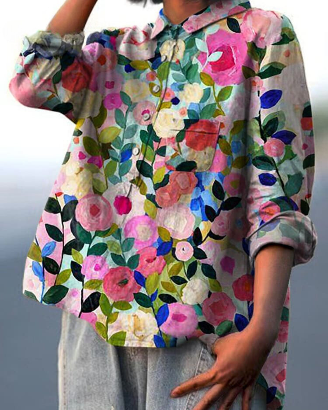 Zoe | Elegant Floral Print Button-Up Blouse Long Sleeve Hi-Lo