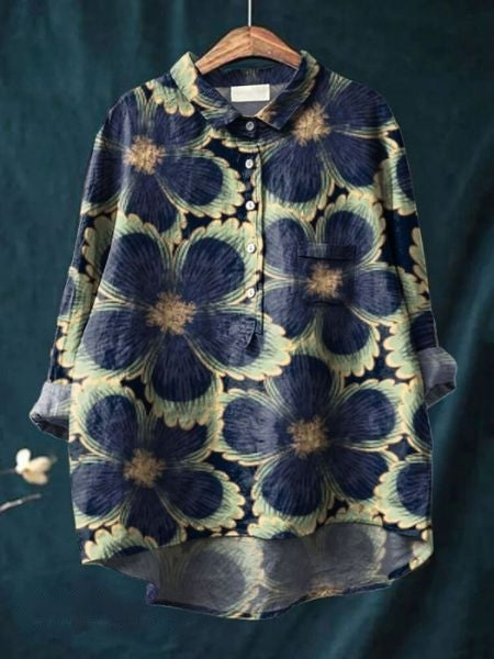 Zoe | Elegant Floral Print Button-Up Blouse Long Sleeve Hi-Lo