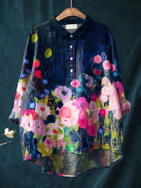 Zoe | Elegant Floral Print Button-Up Blouse Long Sleeve Hi-Lo