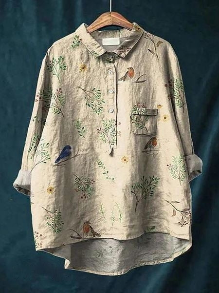 Zoe | Elegant Floral Print Button-Up Blouse Long Sleeve Hi-Lo