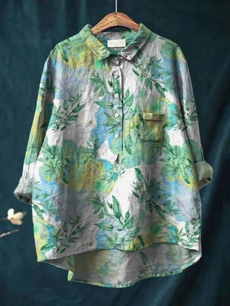Zoe | Elegant Floral Print Button-Up Blouse Long Sleeve Hi-Lo