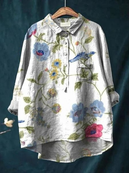 Zoe | Elegant Floral Print Button-Up Blouse Long Sleeve Hi-Lo