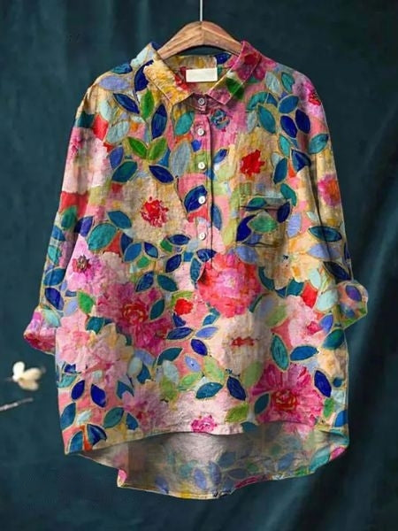 Zoe | Elegant Floral Print Button-Up Blouse Long Sleeve Hi-Lo