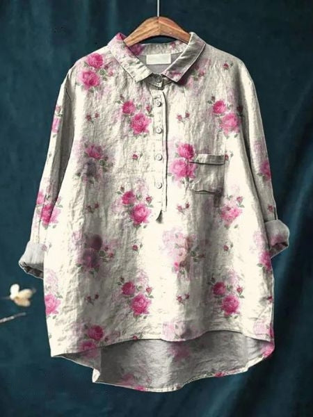 Zoe | Elegant Floral Print Button-Up Blouse Long Sleeve Hi-Lo