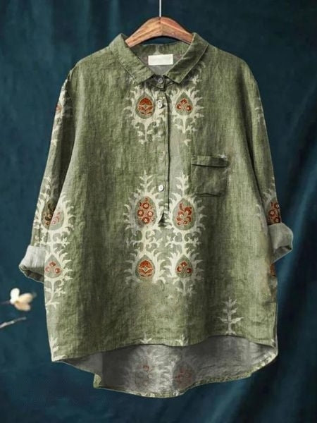 Zoe | Elegant Floral Print Button-Up Blouse Long Sleeve Hi-Lo