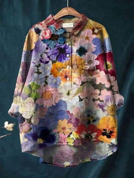 Zoe | Elegant Floral Print Button-Up Blouse Long Sleeve Hi-Lo