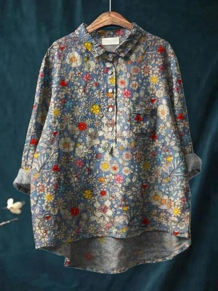 Zoe | Elegant Floral Print Button-Up Blouse Long Sleeve Hi-Lo