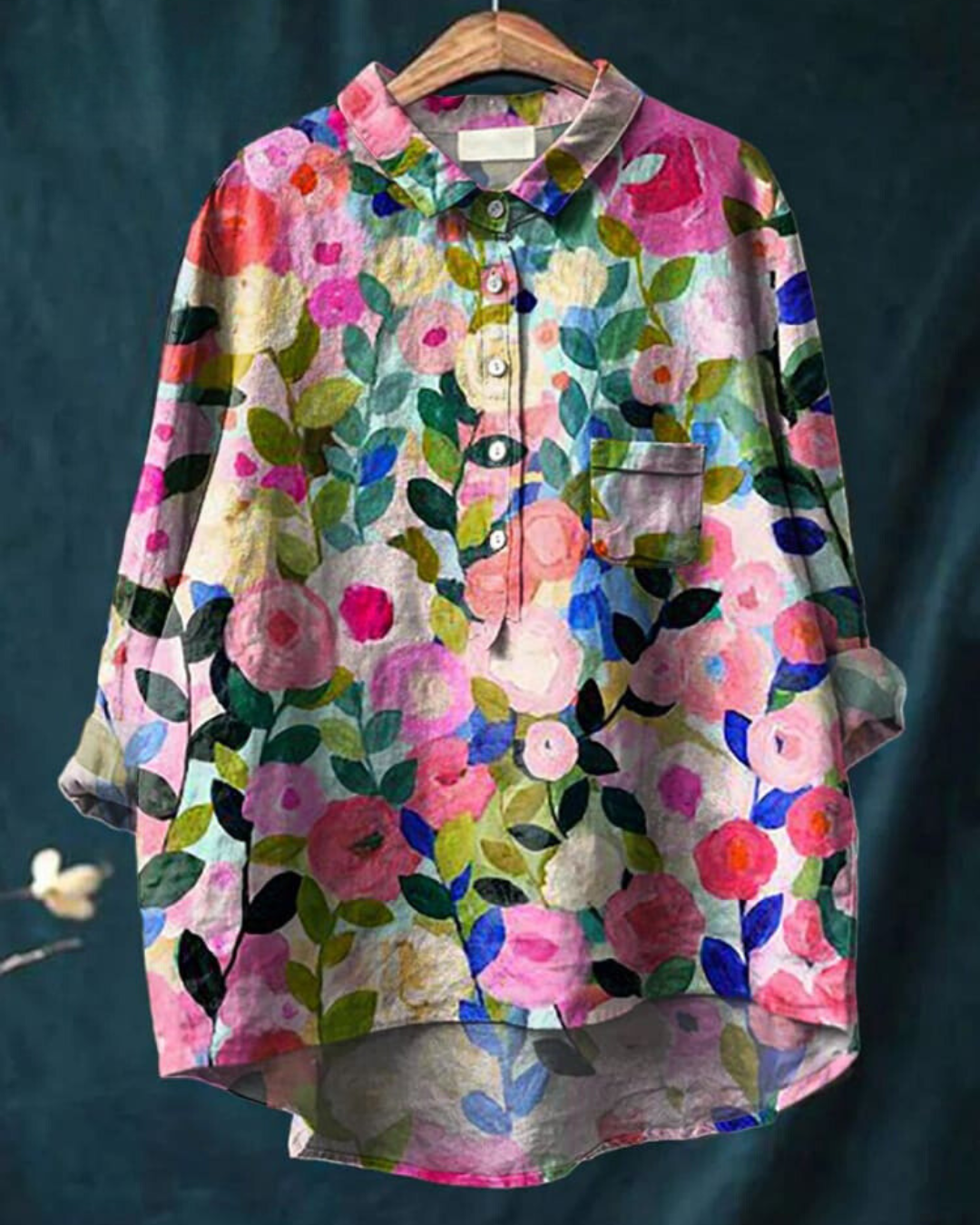 Zoe | Elegant Floral Print Button-Up Blouse Long Sleeve Hi-Lo