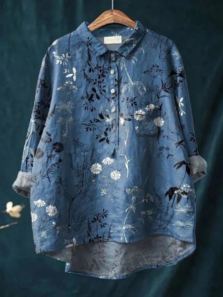 Zoe | Elegant Floral Print Button-Up Blouse Long Sleeve Hi-Lo