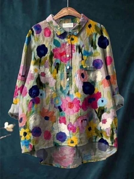 Zoe | Elegant Floral Print Button-Up Blouse Long Sleeve Hi-Lo