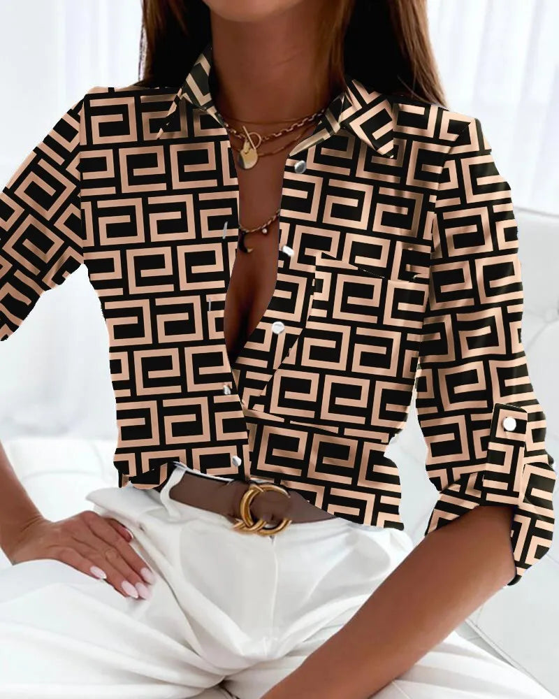 Hannah | Elegant Abstract Face Print Button Up Blouse