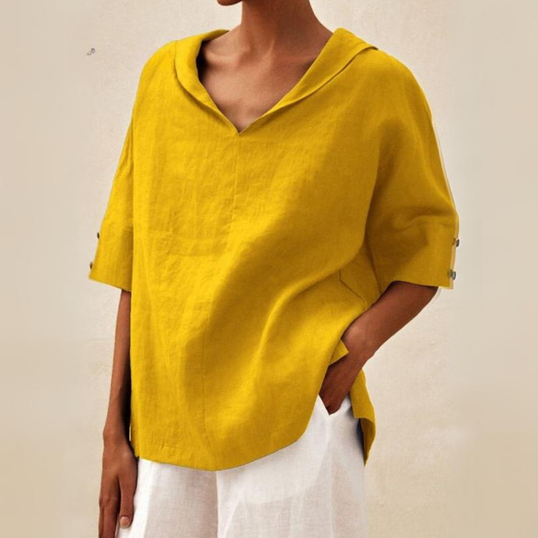 Penelope | Elegant V-Neck Hooded Linen Blouse With Short Sleeves