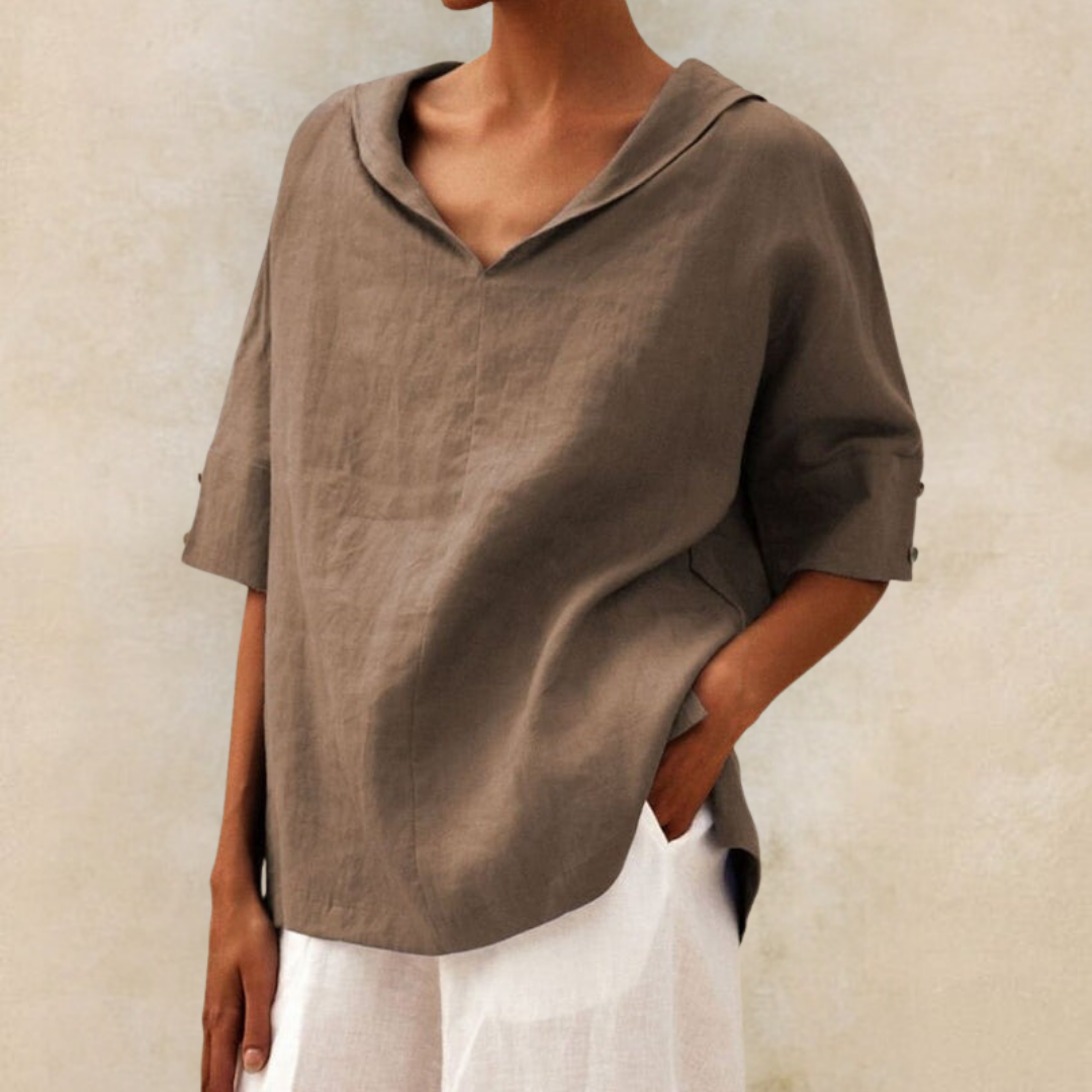 Penelope | Elegant V-Neck Hooded Linen Blouse With Short Sleeves