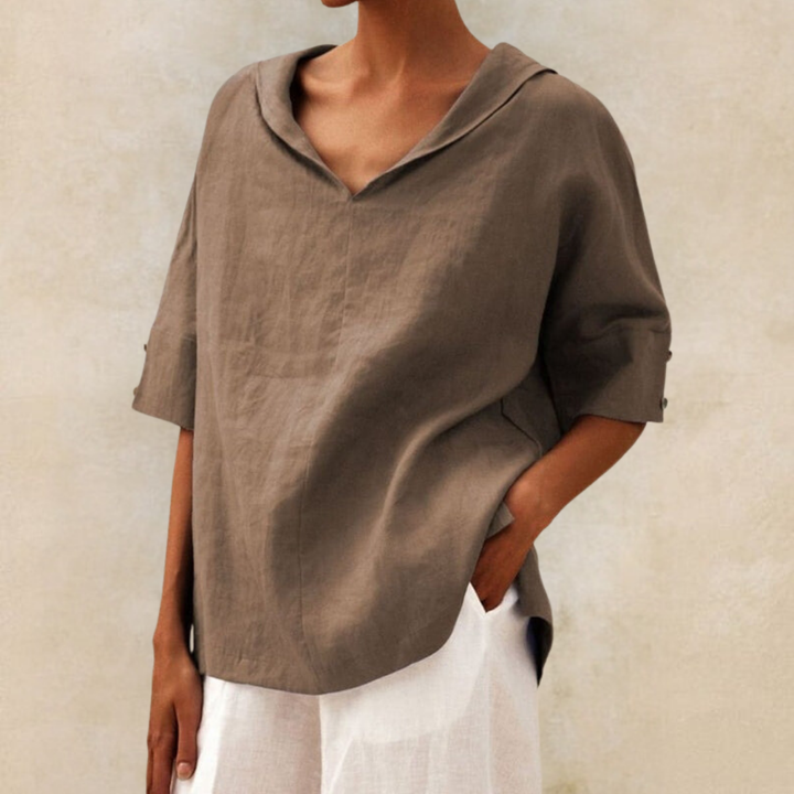 Penelope | Elegant V-Neck Hooded Linen Blouse With Short Sleeves