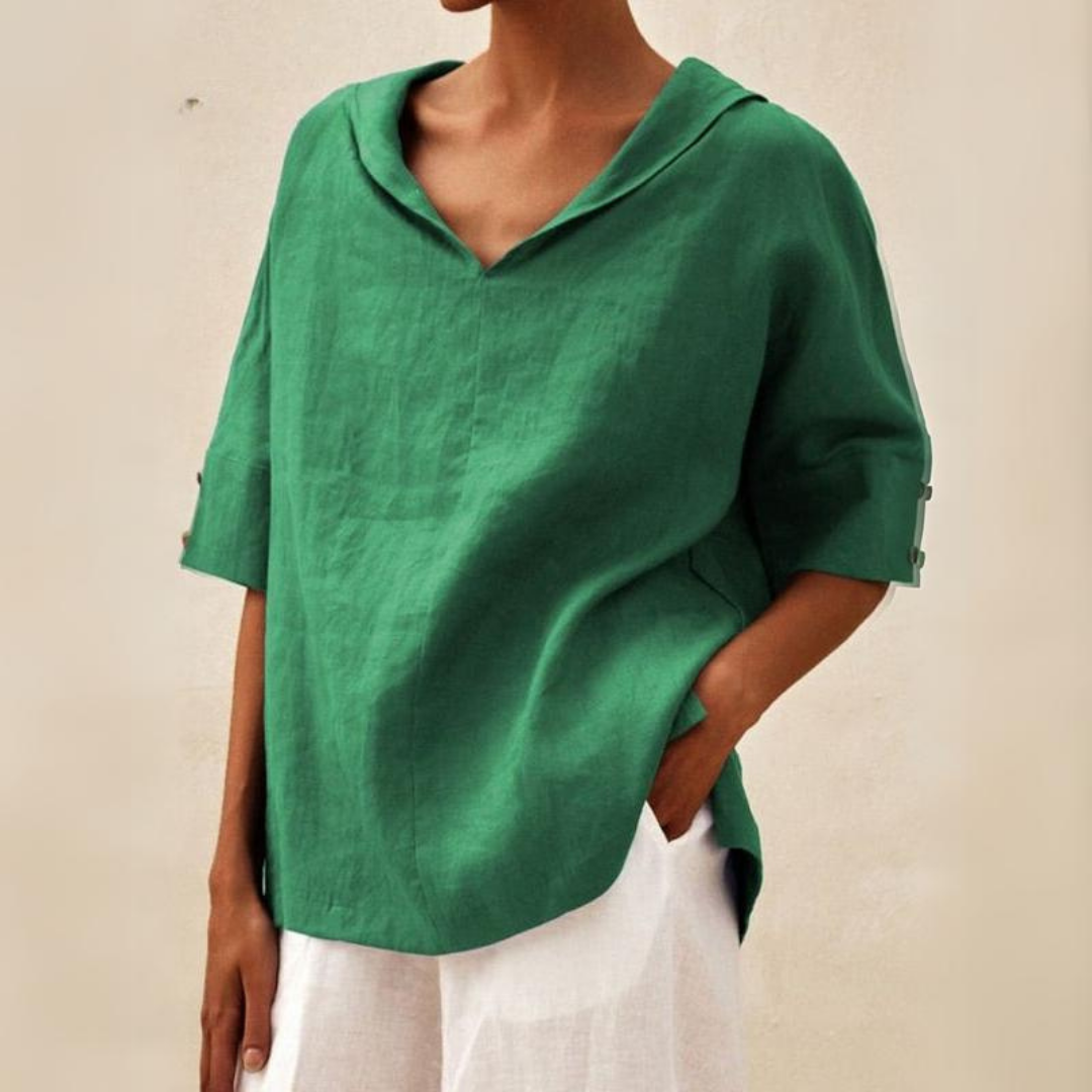 Penelope | Elegant V-Neck Hooded Linen Blouse With Short Sleeves