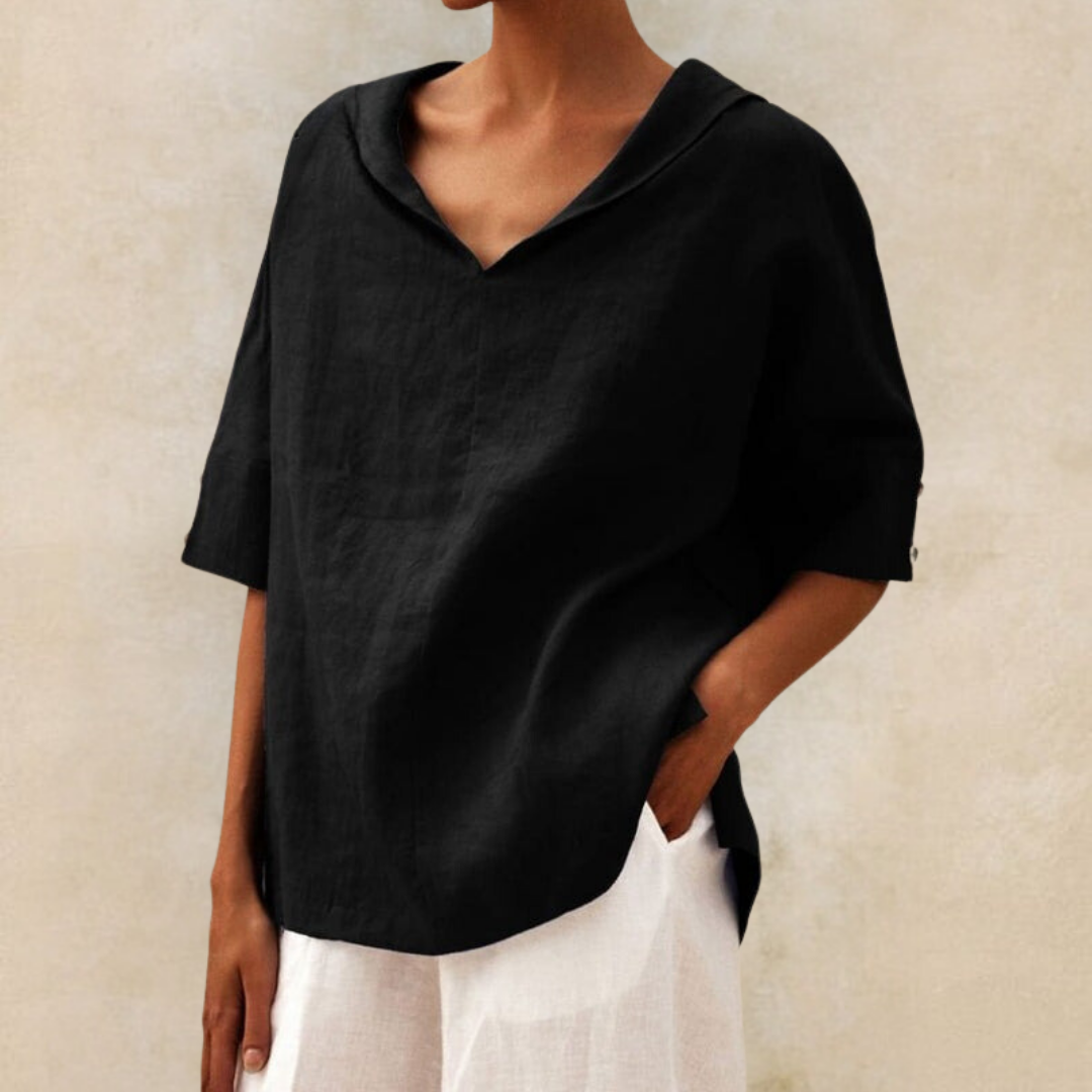 Penelope | Elegant V-Neck Hooded Linen Blouse With Short Sleeves