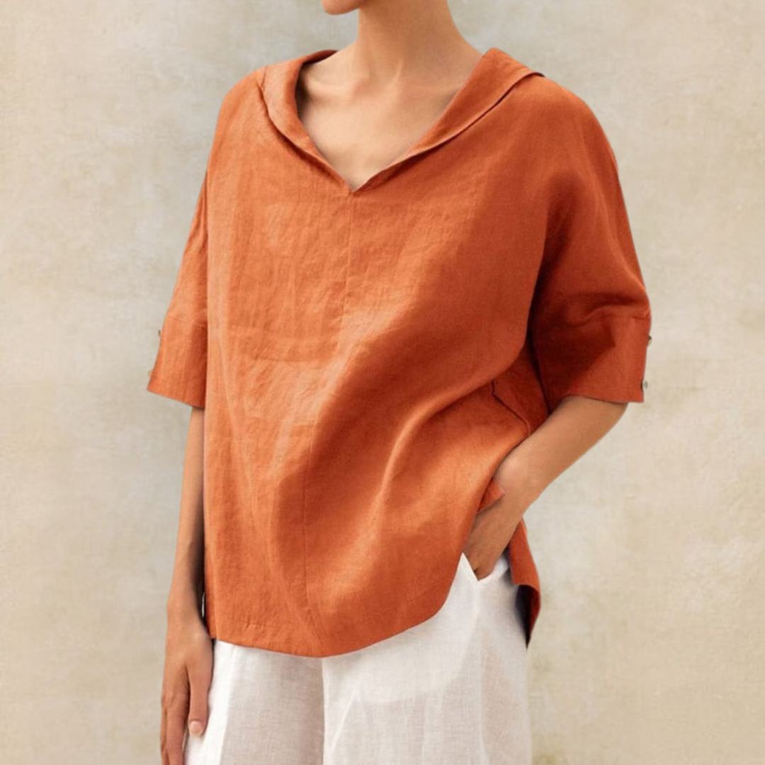 Penelope | Elegant V-Neck Hooded Linen Blouse With Short Sleeves