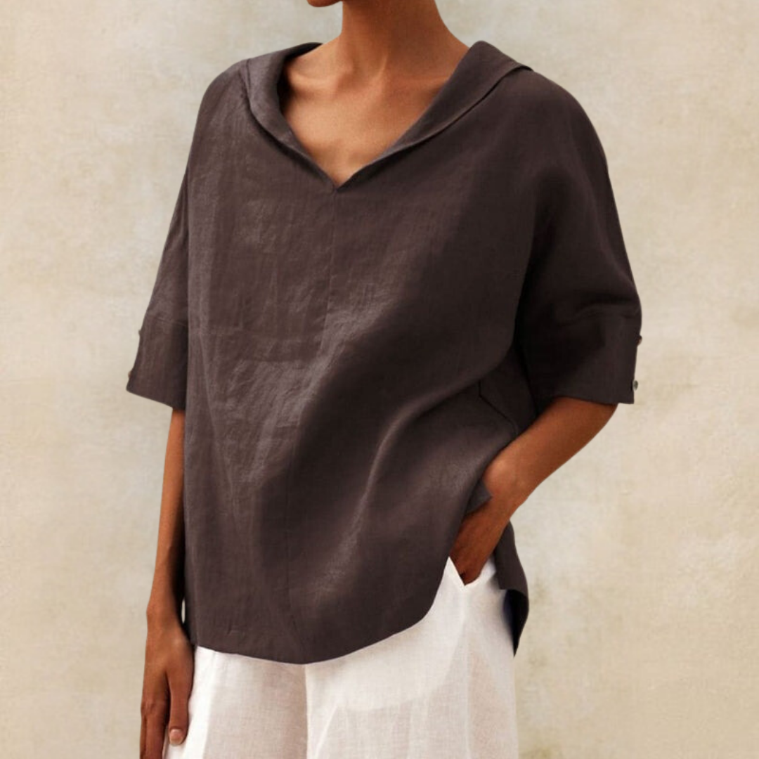 Penelope | Elegant V-Neck Hooded Linen Blouse With Short Sleeves