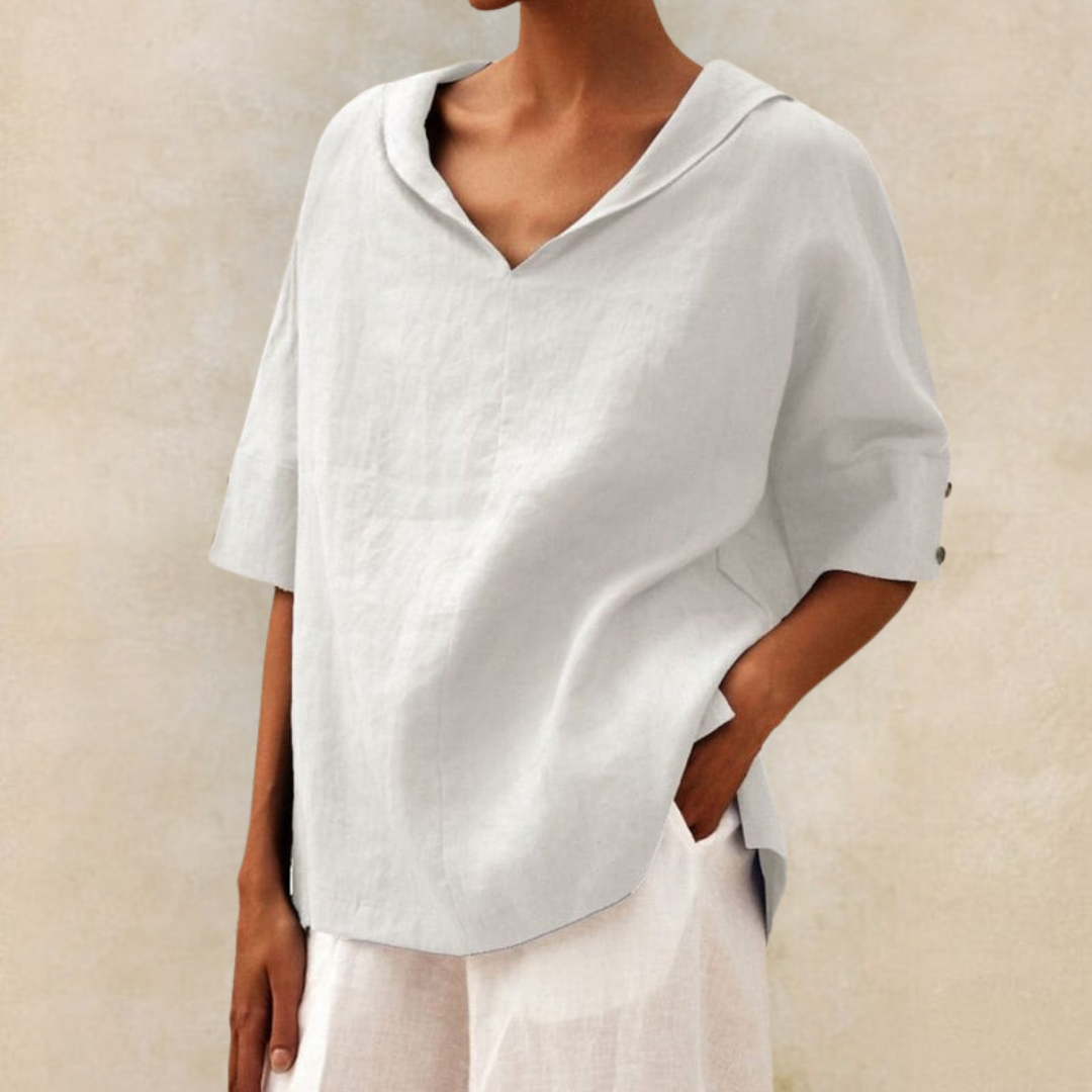 Penelope | Elegant V-Neck Hooded Linen Blouse With Short Sleeves