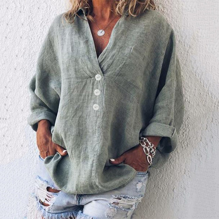Isabella | Chic V-Neck Linen Button Down Blouse