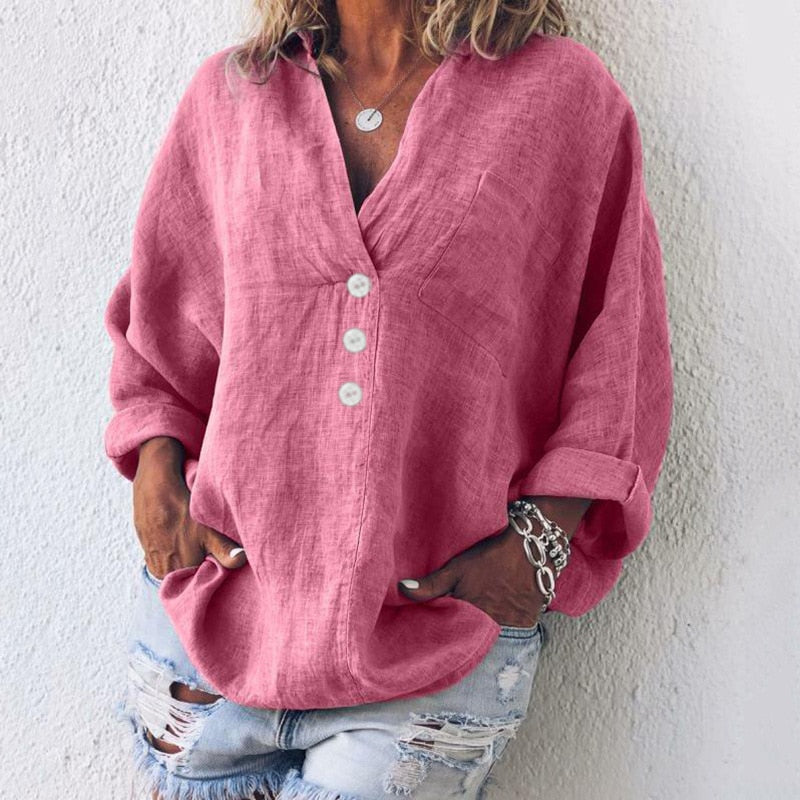 Isabella | Chic V-Neck Linen Button Down Blouse