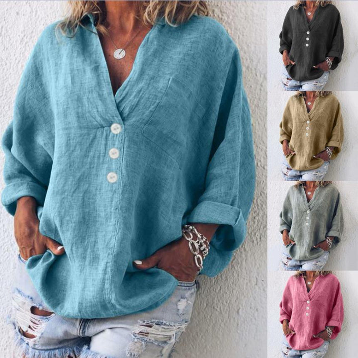 Isabella | Chic V-Neck Linen Button Down Blouse