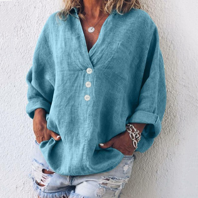 Isabella | Chic V-Neck Linen Button Down Blouse